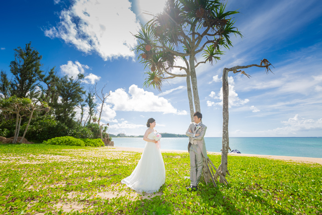 やしの木の下で南国リゾートフォトウェディング｜沖縄ウェディングオンライン